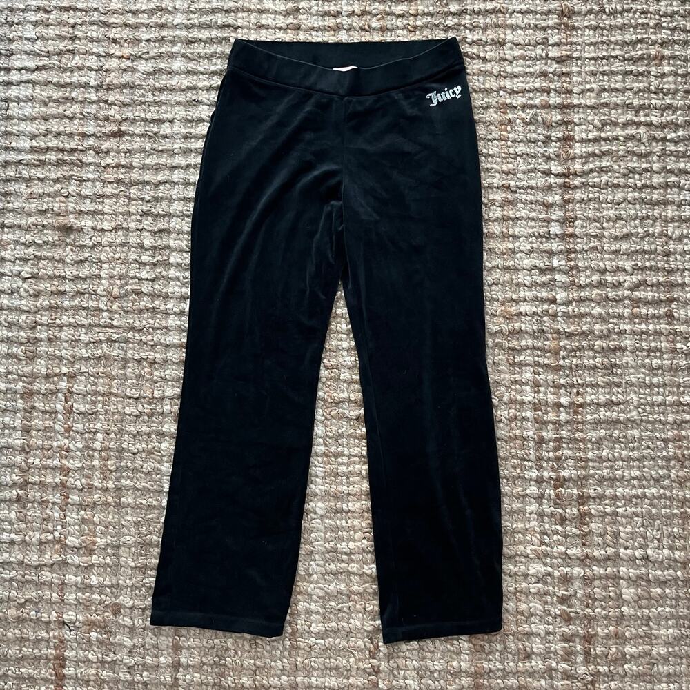Juicy Couture Black Velour Track Pants L Rhinestone Logo Y2K Wide Leg